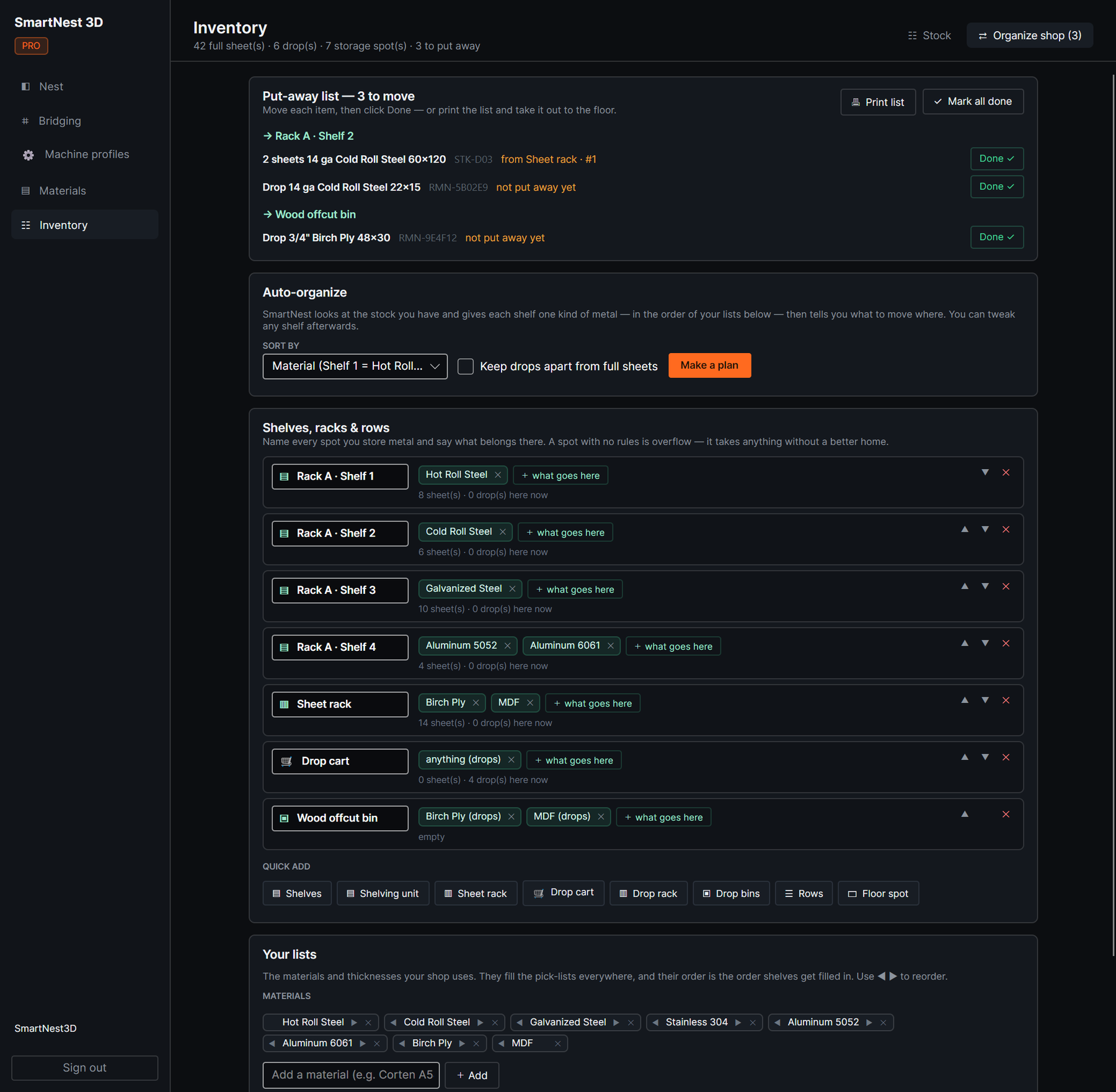 Organize shop page with shelves, rules and the put-away list